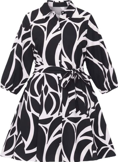 Plus Size 3/4-Sleeve Printed Fit & Flare Shirtdress