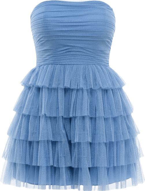 Juniors' Strapless Side-Shirred Tiered Glitter Mini Dress