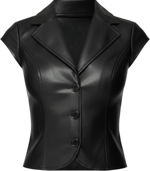 Womens Faux Leather Tailored Button Up Top