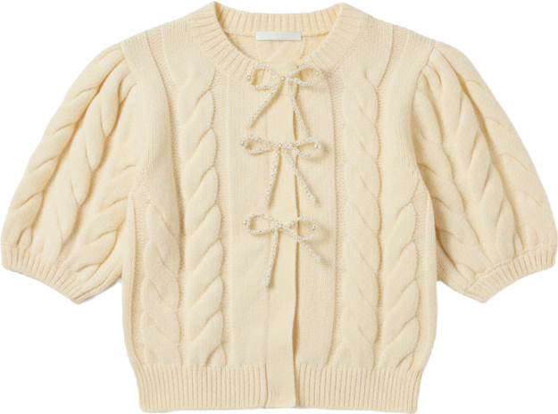 Women's Cable Puff Sleeve Knit With Pearl Bow