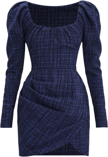 Women's Denise Navy Tweed Ruched Puff Sleeve Mini Dress
