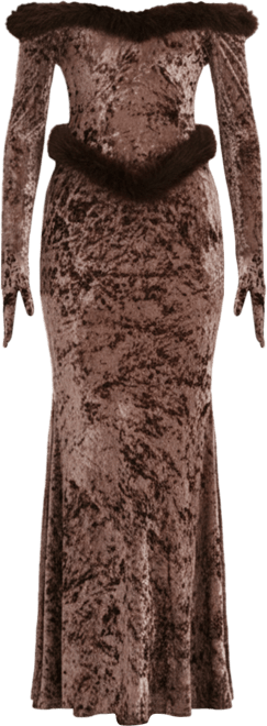Women's Tessa Coffee Sweetheart Bardot Faux Fur Velvet Mermaid Maxi Dress