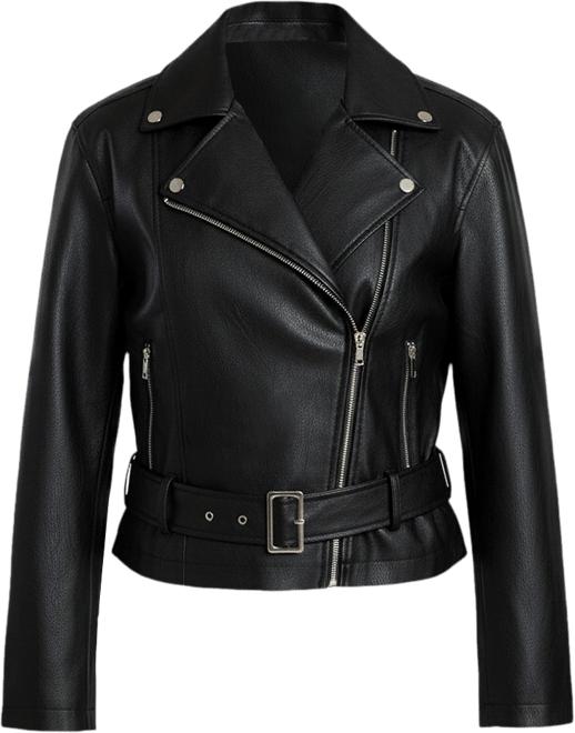 Women's Plus Size Belted Faux Leather Moto Jacket