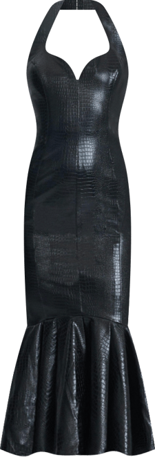 Women's Gardenia Black Leather Midi Sweetheart Halter Flared Dress