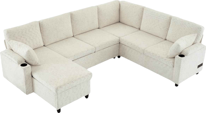 109.9" U-Shaped Sectional Sofa Bed with Storage, Cup Holders & Charging