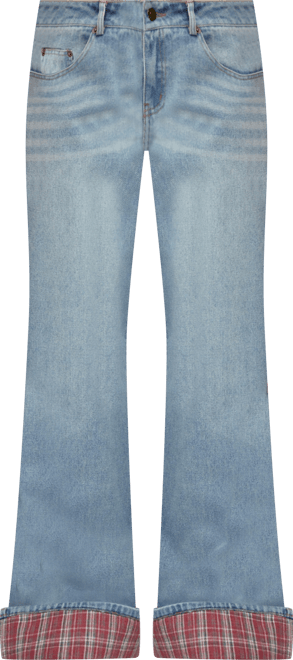 Womens Plaid Cuffed Low Rise Jeans