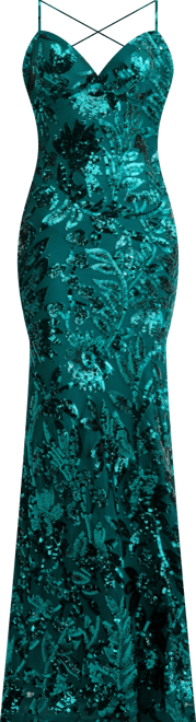 Juniors Spaghetti Strap Sweetheart Gown with Floral Sequin Pattern