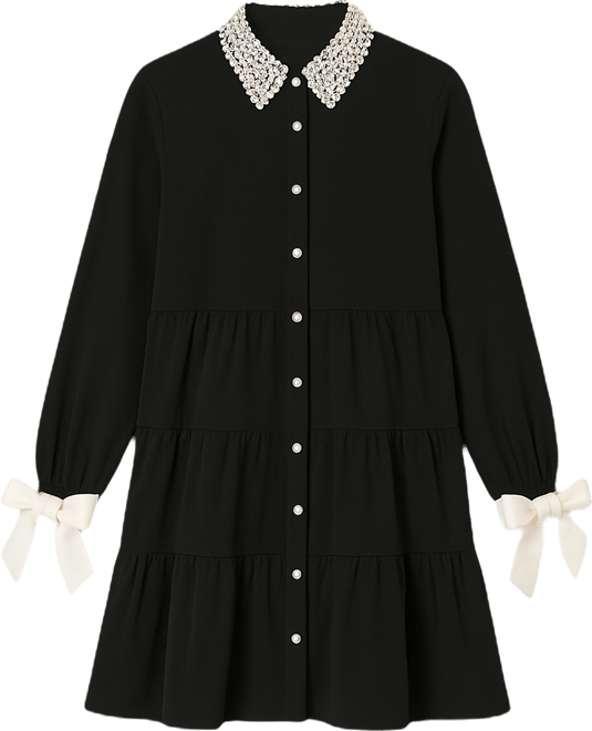 Women's Bow Collared Long-Sleeve Short Dress