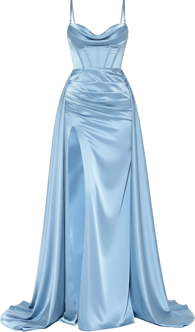 Miss Circle Women's Elayna Pale Blue Strappy Satin Corset High Slit Gown -  Macy's