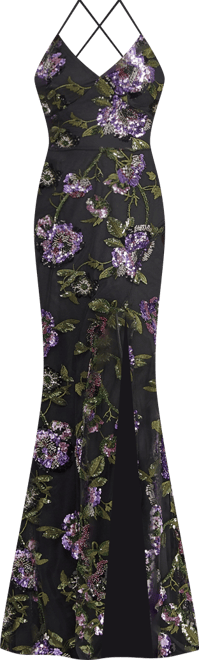 Juniors' Floral Embroidery Sequin Applique Front Slit Gown