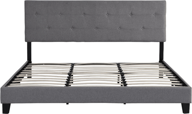 King Size Upholstered Platform Bed Frame with Button Tufted Linen Fabric Headboard No Box Spring Needed Wood Slat Support Easy Assembly Gray