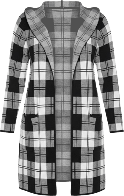 Plus Size Hooded Plaid Coatigan Sweater
