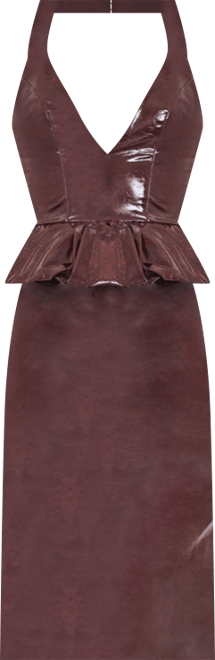 Women's Jaslene Mahogany Ruched Peplum Plunge Halter Midi Dress