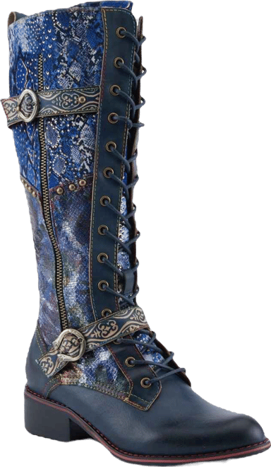 Women's Vaneyck Hand-Painted Tall Boots with Iridescent Leather, Double Buckle Detail, Lace-Up and Zipper Closure, Rainbow Stitching, and Ru