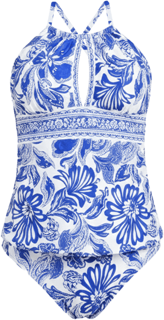 Women's Botanical Brocade High-Neck Keyhole Tankini Swim Top