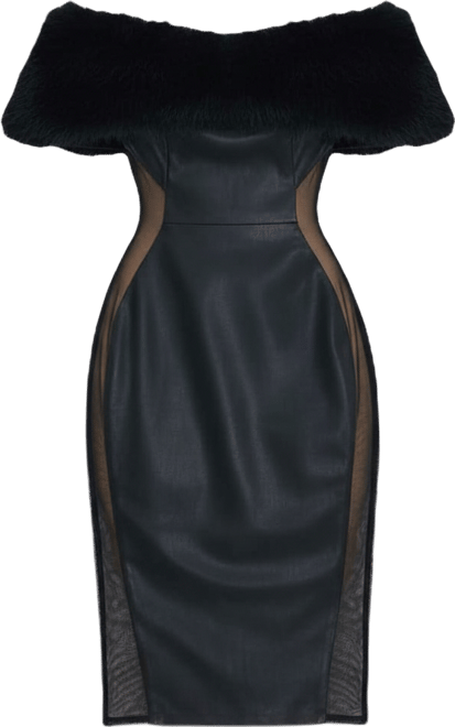 Women Bellis Black Fur Trim Mesh Panel Off-Shoulder Midi Dress