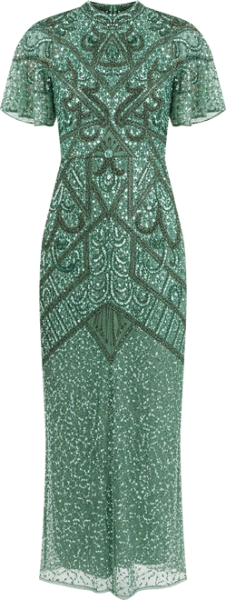 Women's Embellished Sequin Beaded With Short Flutter Sleeves Maxi Dress