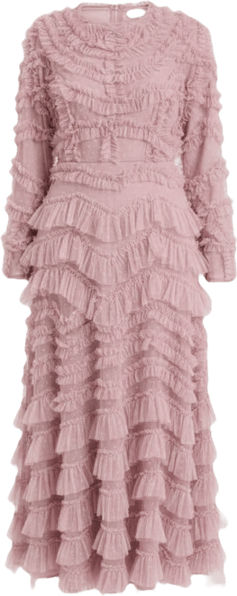 Women's Modest Ruffle Dress Maxi With Self Print Mesh