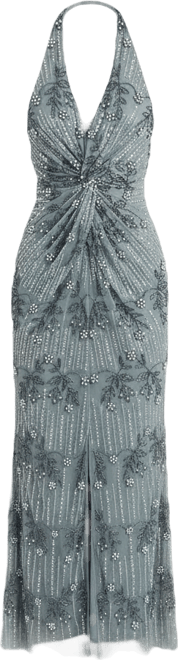 Women's Embellished Sequin Beaded Maxi Dress With Knot Design