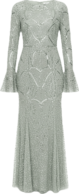 Women's Modest Embellished Sequin Beaded Dress Maxi With Ribbon on Sleeves