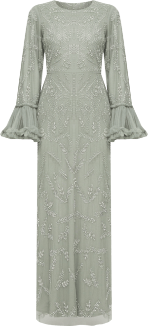 Women's Modest Embellished Sequin Beaded Dress Maxi With Designer Sleeve