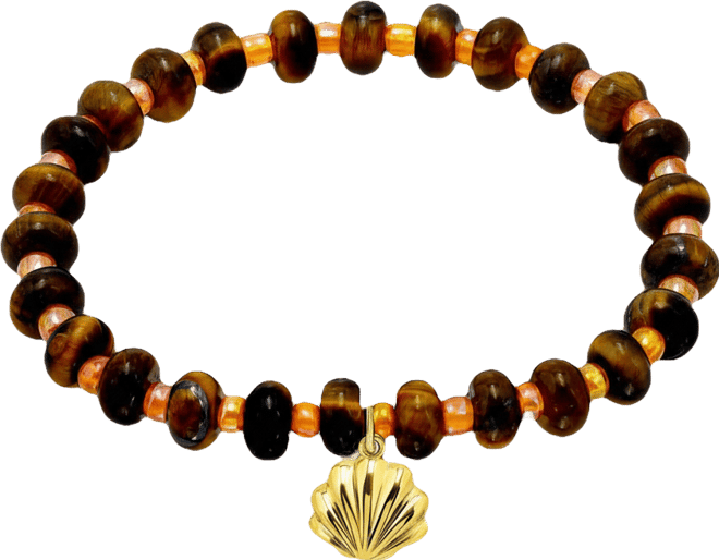 Tigers Eye Rondelle Beads and Clamshell Drop Charm Beaded Gold Plated Stretch Bracelet