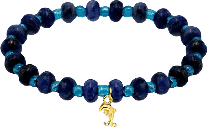 Sodalite Rondelle Beads and Dolphin Drop Beaded Gold Plated Stretch Bracelet