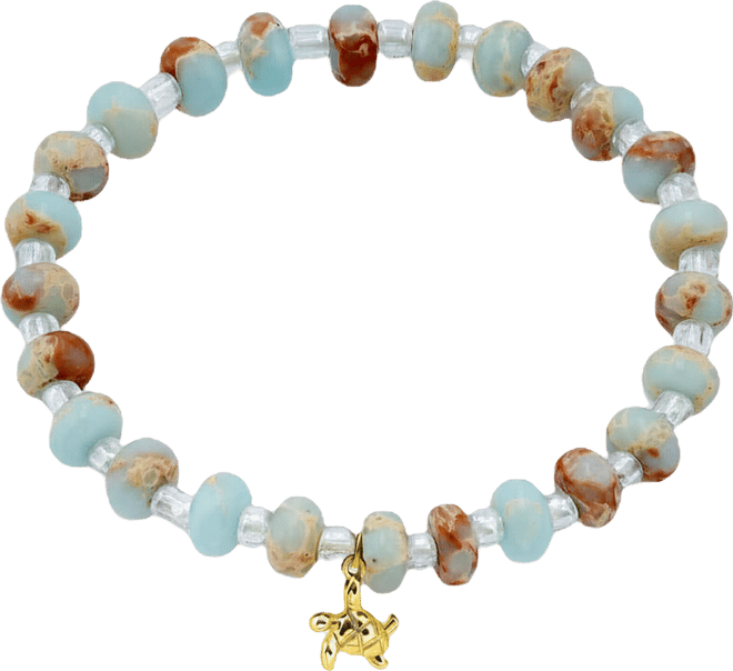 Blue Imperial Jasper Rondelle Beads and Turtle Drop Gold Plated Stretch Bracelet