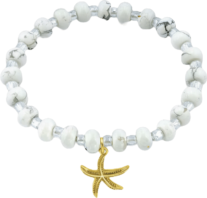 Howlite Rondelle and Starfish Drop Silver Plated Stretch Bracelet