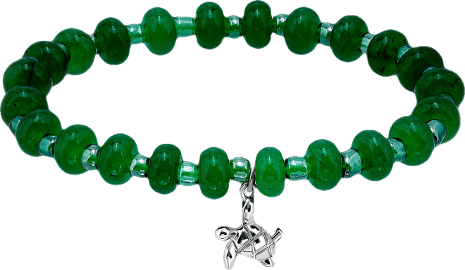 Green Agate Rondelle and Turtle Drop Beaded Stretch Bracelet