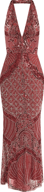 Women's Embellished Sequin Beaded Maxi Dress With Halter Neckline And Deep V-Cut Front