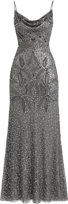 Women's Embellished Sequin Beaded Maxi Dress With Cowl Neck