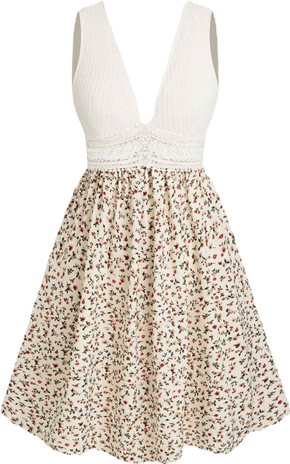 Women's Plunging V-Neck Sleeveless Woven Mini Dress with Lace Detail