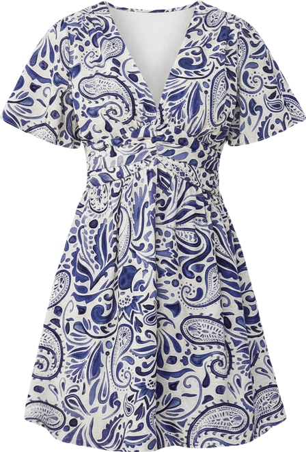 Women's Plunging V-Neck Short-Sleeve Woven Mini Dress