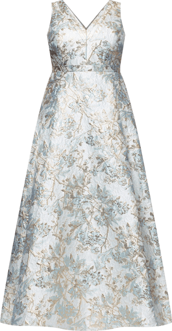 Plus Size V-Neck Glitter Brocade Long Ball Gown