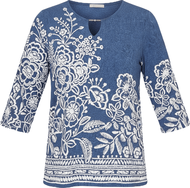 Women's Classic Floral Border Embroidered Split Neck Top