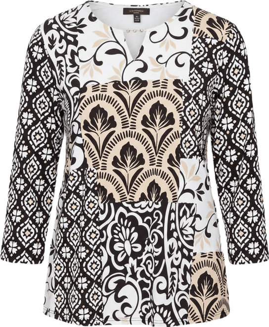 Women's Classic Geometric Scroll Patchwork Split Neck Top
