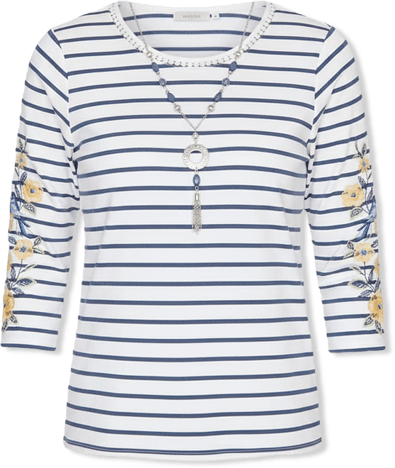 Women's Classic Floral Embroidered Stripe Top with Necklace