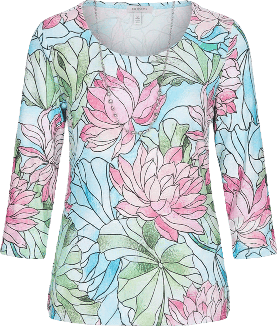 Women's Classic Stained Glass Floral Print Top with Necklace