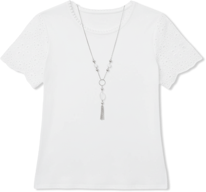 Women's Classic Solid Eyelet Sleeve T-Shirt with Necklace