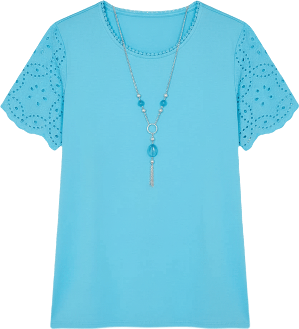 Women's Classic Solid Eyelet Sleeve T-Shirt with Necklace