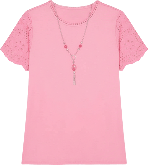 Women's Classic Solid Eyelet Sleeve T-Shirt with Necklace
