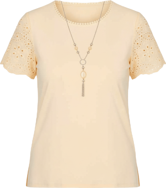 Women's Classic Solid Eyelet Sleeve T-Shirt with Necklace