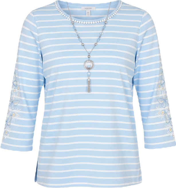 Women's Classic Stripe Cornflower Embroidered Sleeve Top with Necklace