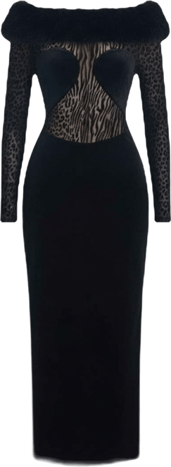 Women's Alexis Black Animal Print Fur Boatneck Maxi Dress