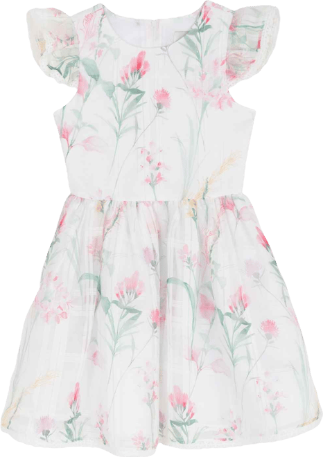 Girls' 7-16 Floral Windowpane Crochet Round Neck Dress