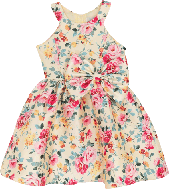 Girls' 7-16 Printed Mikado Round Bow Dress