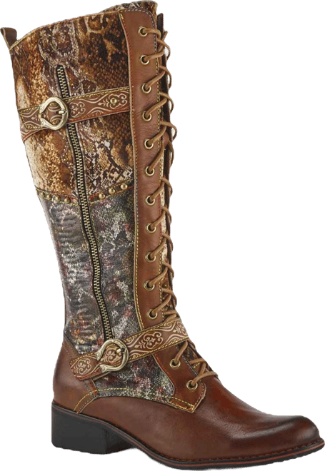 Women's Vaneyck Hand-Painted Tall Boots with Iridescent Leather, Double Buckle Detail, Lace-Up and Zipper Closure, Rainbow Stitching, and Ru