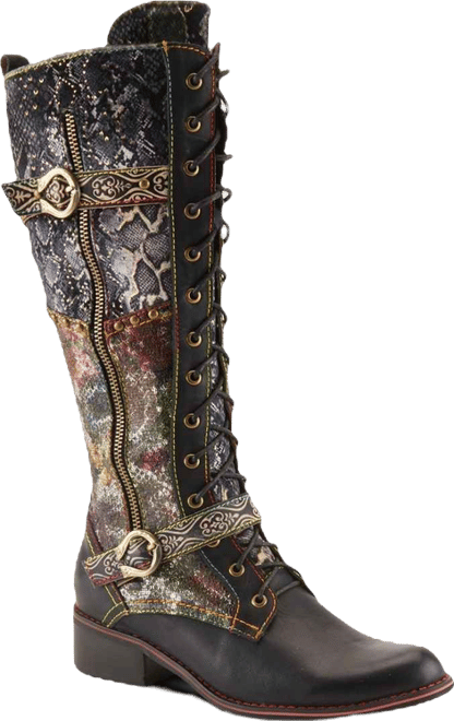 Women's Vaneyck Hand-Painted Tall Boots with Iridescent Leather, Double Buckle Detail, Lace-Up and Zipper Closure, Rainbow Stitching, and Ru