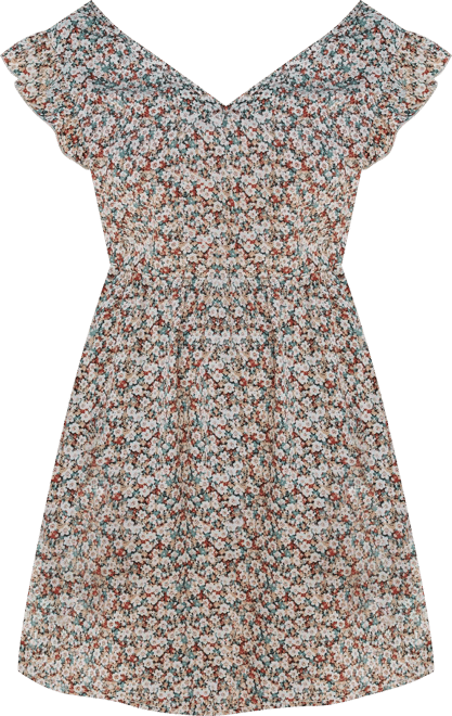 Women's V-Neck Short-Sleeve Woven Mini Dress with Ruffle Trim